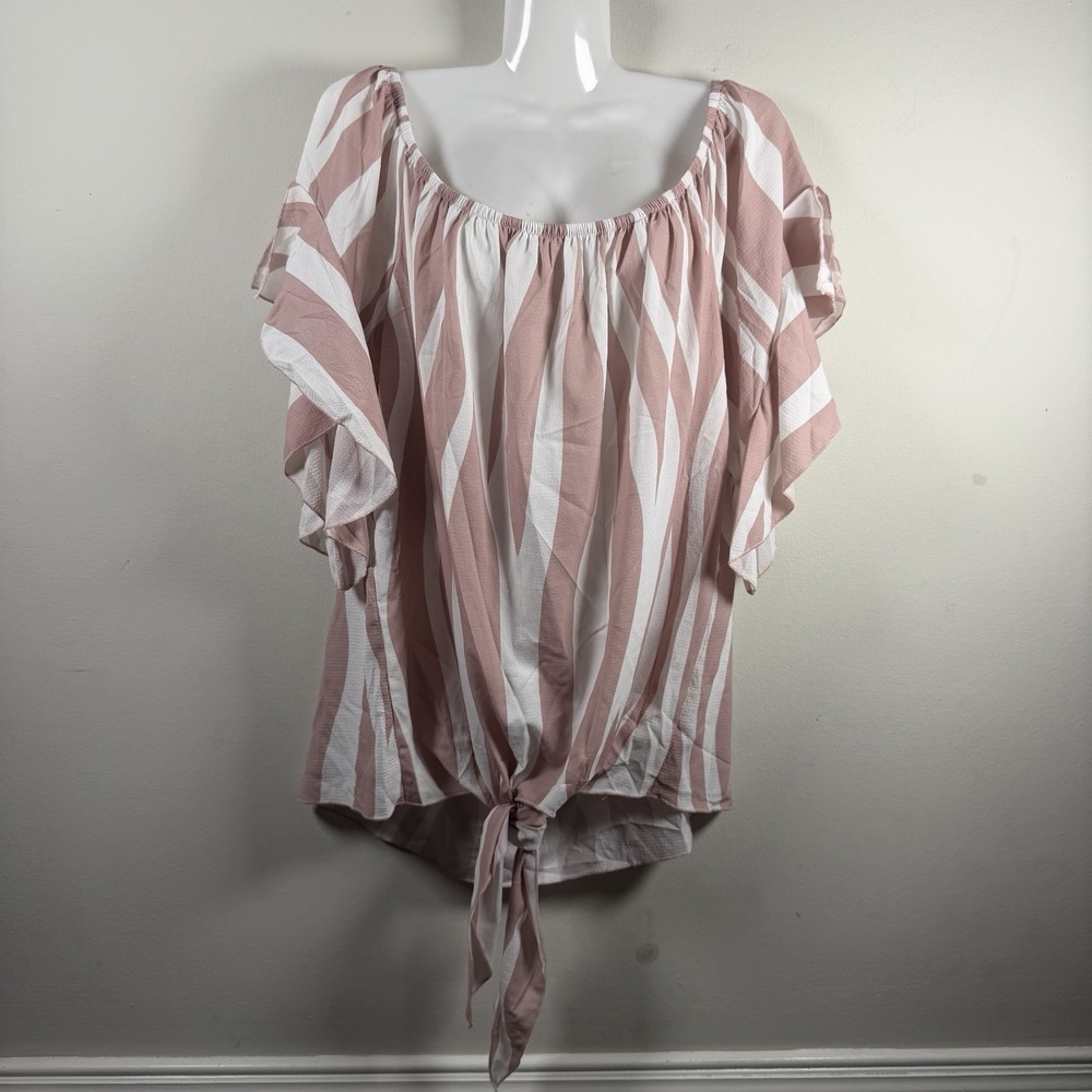 Women's Off Shoulder 2XL Tie Knot Shirt Pink White Stripes Luckymore Blouse Top‎